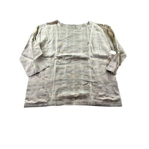 Eileen Fisher Catalan Organic Linen Plaid Top Size S 3/4 Sleeve Pocket Beige